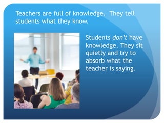 Teachers are full of knowledge. They tell
students what they know.
Students don’t have
knowledge. They sit
quietly and try to
absorb what the
teacher is saying.
 