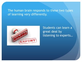 The human brain responds to these two types
of learning very differently.
Students can learn a
great deal by
listening to experts…
 