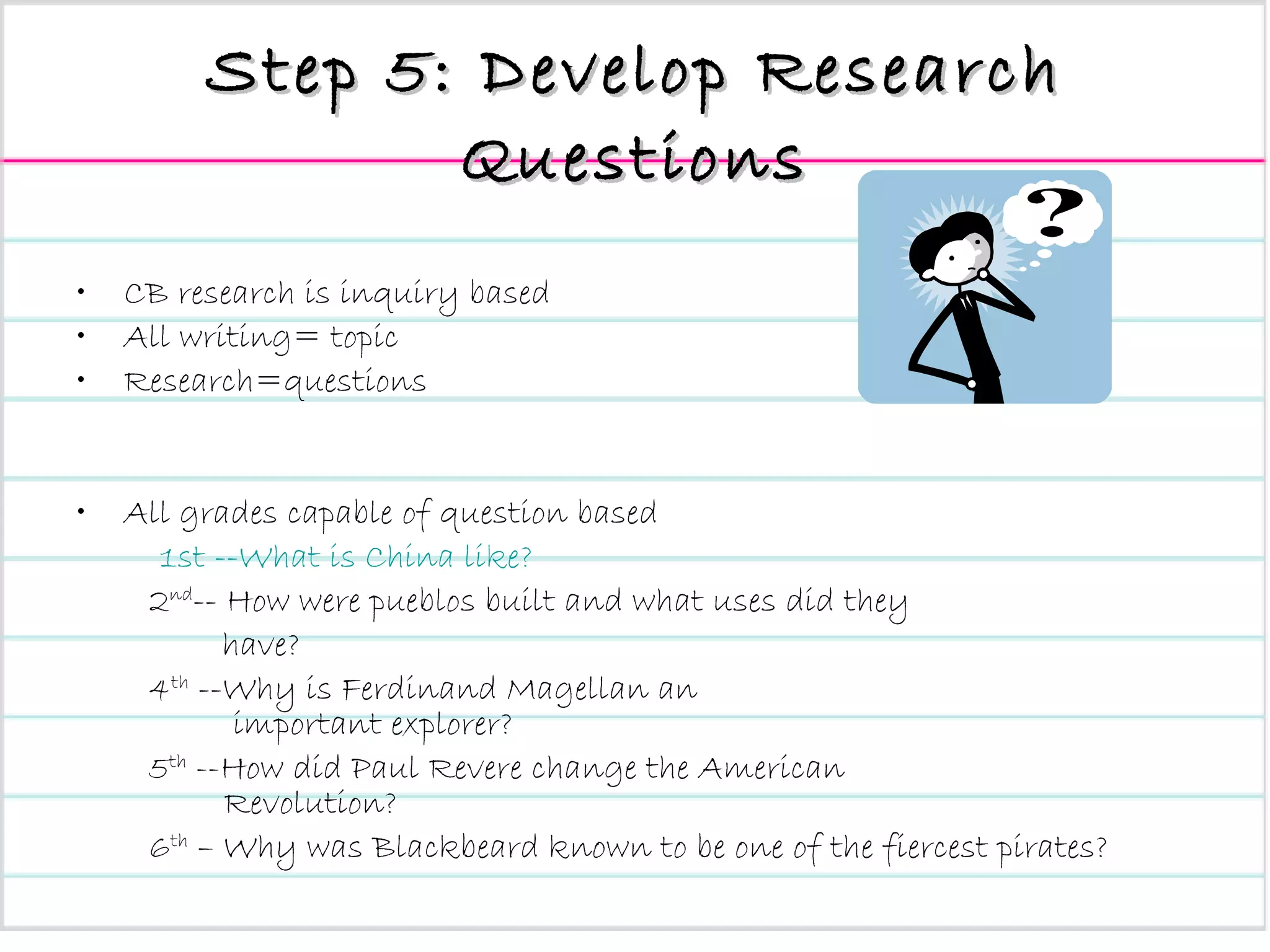 Step 5: Develop Research Questions CB research is inquiry based All writing= topic Research=questions  All grades capable of question based   1st --What is China like? 2 nd -- How were pueblos built and what uses did they  have? 4 th  --Why is Ferdinand Magellan an    important explorer? 5 th  --How did Paul Revere change the American   Revolution? 6 th  – Why was Blackbeard known to be one of the fiercest pirates? 