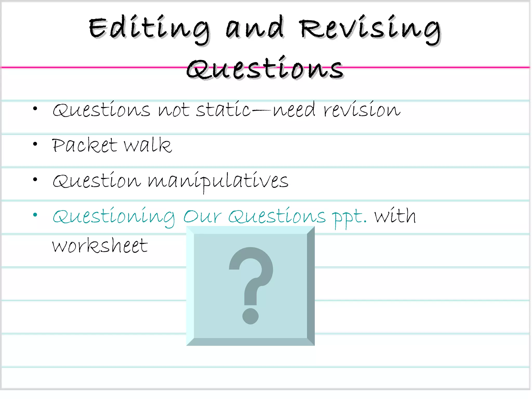 Editing and Revising Questions Questions not static—need revision Packet walk Question manipulatives Questioning Our Questions ppt.  with worksheet 