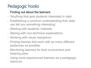 Pedagogic hooks
– Finding out about the learners
–
–
–
–
–
–
–
–
 