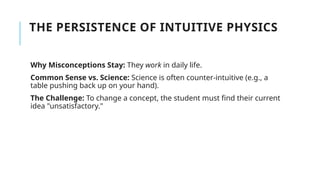THE PERSISTENCE OF INTUITIVE PHYSICS
Why Misconceptions Stay: They work in daily life.
Common Sense vs. Science: Science is often counter-intuitive (e.g., a
table pushing back up on your hand).
The Challenge: To change a concept, the student must find their current
idea "unsatisfactory."
 