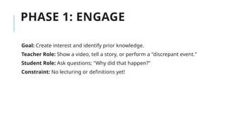 PHASE 1: ENGAGE
Goal: Create interest and identify prior knowledge.
Teacher Role: Show a video, tell a story, or perform a "discrepant event."
Student Role: Ask questions; "Why did that happen?"
Constraint: No lecturing or definitions yet!
 