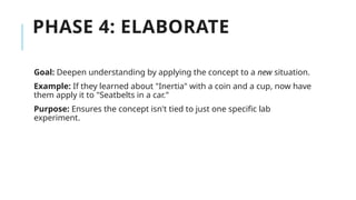 PHASE 4: ELABORATE
Goal: Deepen understanding by applying the concept to a new situation.
Example: If they learned about "Inertia" with a coin and a cup, now have
them apply it to "Seatbelts in a car."
Purpose: Ensures the concept isn't tied to just one specific lab
experiment.
 
