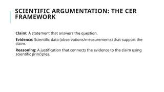 SCIENTIFIC ARGUMENTATION: THE CER
FRAMEWORK
Claim: A statement that answers the question.
Evidence: Scientific data (observations/measurements) that support the
claim.
Reasoning: A justification that connects the evidence to the claim using
scientific principles.
 