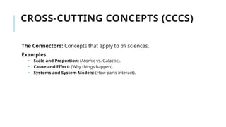 CROSS-CUTTING CONCEPTS (CCCS)
The Connectors: Concepts that apply to all sciences.
Examples:
 Scale and Proportion: (Atomic vs. Galactic).
 Cause and Effect: (Why things happen).
 Systems and System Models: (How parts interact).
 