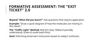 FORMATIVE ASSESSMENT: THE "EXIT
TICKET" 2.0
Beyond "What did you learn?": Ask questions that require application.
Example: "Draw a quick diagram of how the molecules are moving in
this steam."
The "Traffic Light" Method: Red (I'm lost), Yellow (I partially
understand), Green (I could teach this).
Goal: Informing tomorrow's instruction based on today's confusion.
 