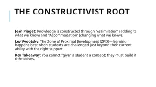 THE CONSTRUCTIVIST ROOT
Jean Piaget: Knowledge is constructed through "Assimilation" (adding to
what we know) and "Accommodation" (changing what we know).
Lev Vygotsky: The Zone of Proximal Development (ZPD)—learning
happens best when students are challenged just beyond their current
ability with the right support.
Key Takeaway: You cannot "give" a student a concept; they must build it
themselves.
 
