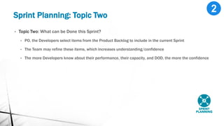 Sprint Planning: Topic Two
• Topic Two: What can be Done this Sprint?
• PO, the Developers select items from the Product Backlog to include in the current Sprint
• The Team may refine these items, which increases understanding/confidence
• The more Developers know about their performance, their capacity, and DOD, the more the confidence
 