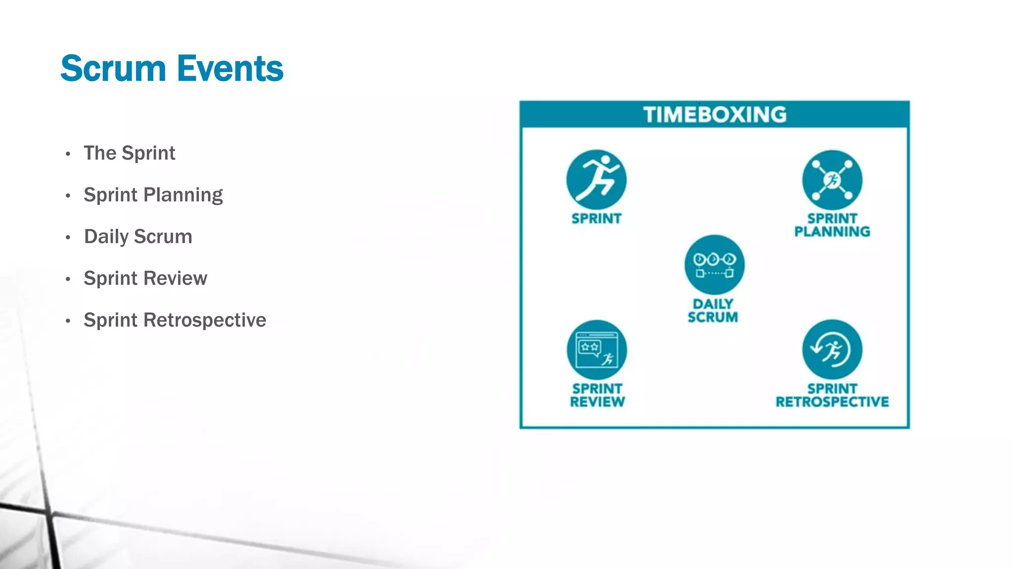 Scrum Events
• The Sprint
• Sprint Planning
• Daily Scrum
• Sprint Review
• Sprint Retrospective
 