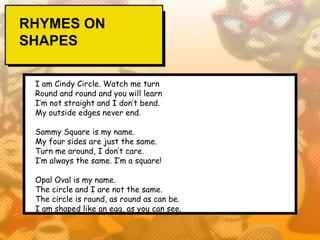 RHYMES ON
SHAPES

 I am Cindy Circle. Watch me turn
 Round and round and you will learn
 I’m not straight and I don’t bend.
 My outside edges never end.

 Sammy Square is my name.
 My four sides are just the same.
 Turn me around, I don’t care.
 I’m always the same. I’m a square!

 Opal Oval is my name.
 The circle and I are not the same.
 The circle is round, as round as can be.
 I am shaped like an egg, as you can see.
 