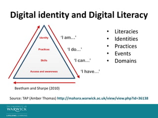Digital identity and Digital Literacy
• Literacies
• Identities
• Practices
• Events
• Domains
Source: TAP (Amber Thomas) http://mahara.warwick.ac.uk/view/view.php?id=36138
Beetham and Sharpe (2010)
 