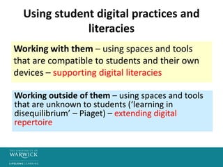 Using student digital practices and
literacies
Working with them – using spaces and tools
that are compatible to students and their own
devices – supporting digital literacies
Working outside of them – using spaces and tools
that are unknown to students (‘learning in
disequilibrium’ – Piaget) – extending digital
repertoire
 