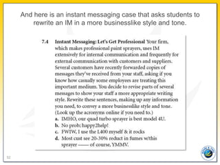 And here is an instant messaging case that asks students to
         rewrite an IM in a more businesslike style and tone.
...
