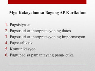 Mga Kakayahan sa Bagong AP Kurikulum
1. Pagsisiyasat
2. Pagsusuri at interpretasyon ng datos
3. Pagsusuri at interpretasyon ng impormasyon
4. Pagsasaliksik
5. Komunikasyon
6. Pagtupad sa pamantayang pang- etika
 