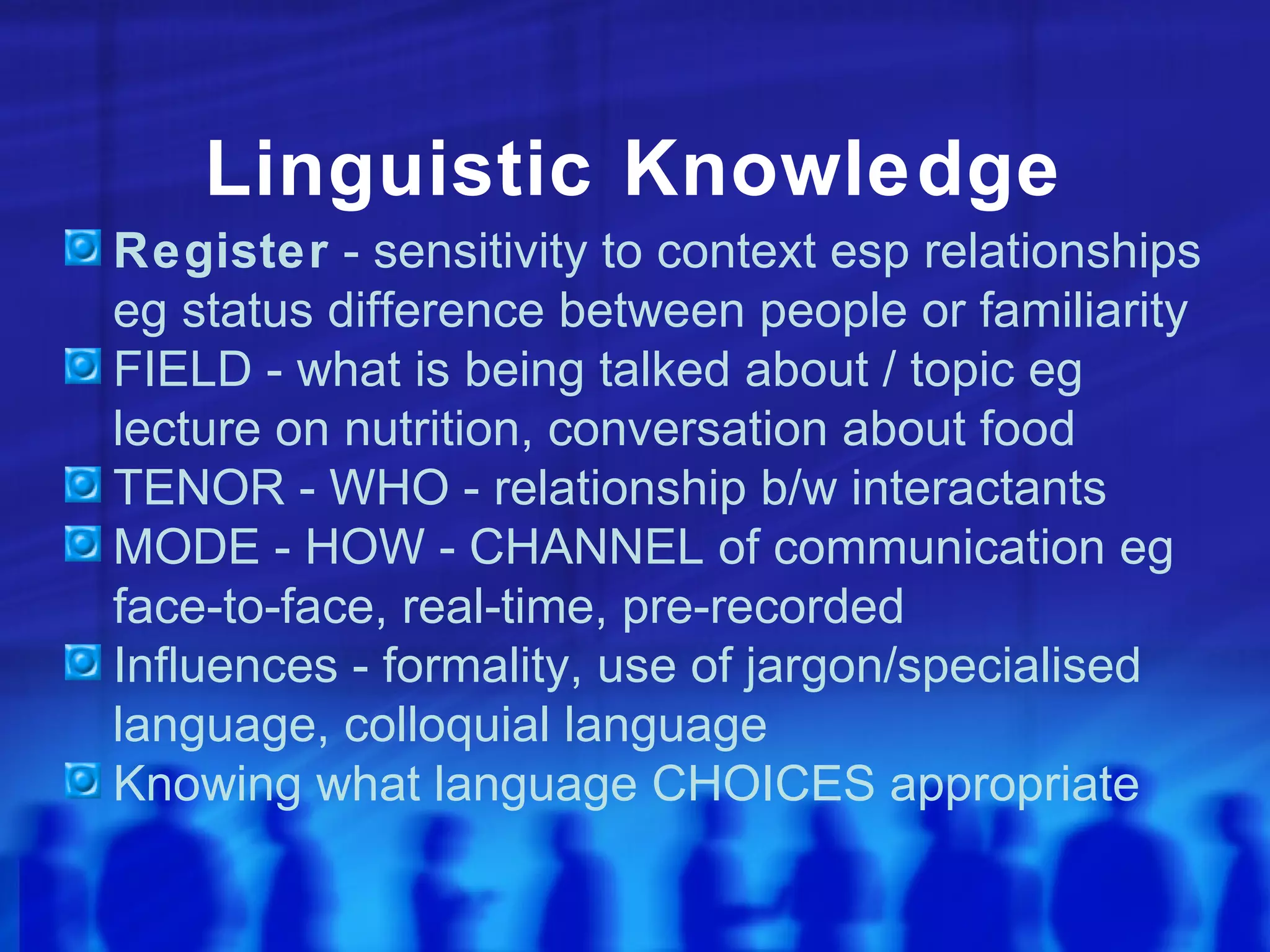 Linguistic Knowledge Register  - sensitivity to context esp relationships eg status difference between people or familiarity FIELD - what is being talked about / topic eg lecture on nutrition, conversation about food TENOR - WHO - relationship b/w interactants  MODE - HOW - CHANNEL of communication eg face-to-face, real-time, pre-recorded Influences - formality, use of jargon/specialised language, colloquial language Knowing what language CHOICES appropriate 