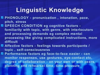 Linguistic Knowledge PHONOLOGY - pronunication , intonation, pace, pitch, stress  SPEECH CONDITION eg cognitive factors - familiarity with topic, with genre, with interlocutors and processing demands eg complex mental processing like giving complicated instructions, more difficult  Affective factors - feelings towards participants / topic , self-consciousness Performance factors eg face-to-face easier - can monitor responses, use gestures, eye-contact etc, degree of collaboration - on your own or with peers, planning and rehearsal time, time pressure 