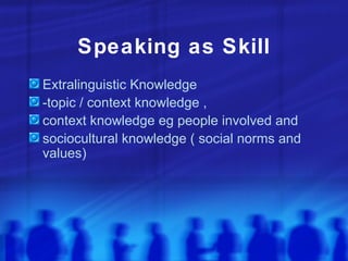 Speaking as Skill Extralinguistic Knowledge  -topic / context knowledge ,  context knowledge eg people involved and  sociocultural knowledge ( social norms and values) 