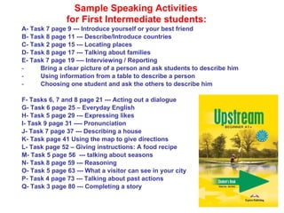 <ul><li>Sample Speaking Activities </li></ul><ul><li>for First Intermediate students:   </li></ul><ul><li>A- Task 7 page 9...