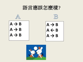 語言應該怎麼樣?
A → B
A ← B
A → B
A → B
A → B
A → B
 