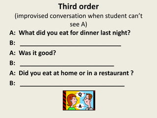 Third order
(improvised conversation when student can’t
see A)
A: What did you eat for dinner last night?
B: _____________________________
A: Was it good?
B: ___________________________
A: Did you eat at home or in a restaurant ?
B: ______________________________
 