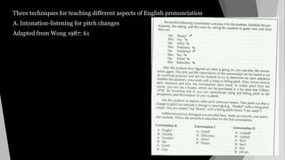 Three techniques for teaching different aspects of English pronunciation
A. Intonation-listening for pitch changes
Adapted from Wong 1987: 61
 