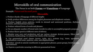 Microskills of oral communication
The Focus is on both Forms and Functions of Language
Example: Picture and its small parts
Microskills
1. Produce chunks of language of different lengths
2. Orally produce differences among the English phonemes and allophonic variants.
3. Produce English stress patterns, words in stressed and unstressed positions, rhythmic
structure, and intonational contours.
4. Produce reduced forms of words and phrases.
5. Use an adequate number of lexical units (words) in order to accomplish pragmatic purposes.
6. Produce fluent speech at different rates of delivery
7. Monitor your own oral production and use various strategic devices-pauses, fillers, self-
corrections, backtracking- to enhance the clarity of the message.
8. Use grammatical word classes (nouns, verbs, etc.), systems (e.g., tense, agreement,
pluralization), word order, patterns, rules, and elliptical forms.
9. Produce speech in natural constituents-in appropriate phrases, pause groups, breath groups,
and sentences.
10. Express a particular meaning in different grammatical forms
 