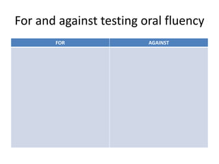 For and against testing oral fluency
FOR AGAINST
 