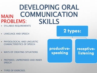 DEVELOPING ORAL
COMMUNICATION
SKILLS
MAIN
PROBLEMS:
 SYLLABUS REQUIREMENTS
 LANGUAGE AND SPEECH
 PHYSIOLOGICAL AND LINGUISTIC
CHARACTERISTICS OF SPEECH
 WAYS OF CREATING SITUATIONS
 PREPARED, UNPREPARED AND INNER
SPEECH
 TYPES OF EXERCISES.
 