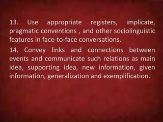 13. Use appropriate registers, implicate,
pragmatic conventions , and other sociolinguistic
features in face-to-face conversations.
14. Convey links and connections between
events and communicate such relations as main
idea, supporting idea, new information, given
information, generalization and exemplification.
 