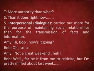 T: More authority than what?
S: Than it does right now……..
5. Interpersonal (dialogue): carried out more for
the purpose of maintaining social relationships
than for the transmission of facts and
information.
Amy: Hi, Bob , how's it going?
Bob: Oh , so-so
Amy : Not a great weekend , huh?
Bob: Well , far be it from me to criticize, but I'm
pretty miffed about last week…….
 