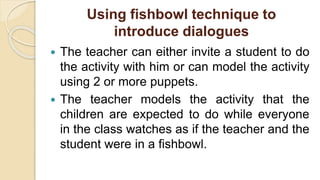 Using fishbowl technique to
introduce dialogues
 The teacher can either invite a student to do
the activity with him or can model the activity
using 2 or more puppets.
 The teacher models the activity that the
children are expected to do while everyone
in the class watches as if the teacher and the
student were in a fishbowl.
 