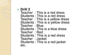  Drill 2
Teacher : This is a red dress
Students : This is a red dress
Teacher : This is a yellow dress
Students : This is a yellow dress
Teacher : Blue
Students : This is a blue dress
Teacher : Red
Students : This is a red dress
Teacher : Jacket
Students : This is a red jacket
etc.
 