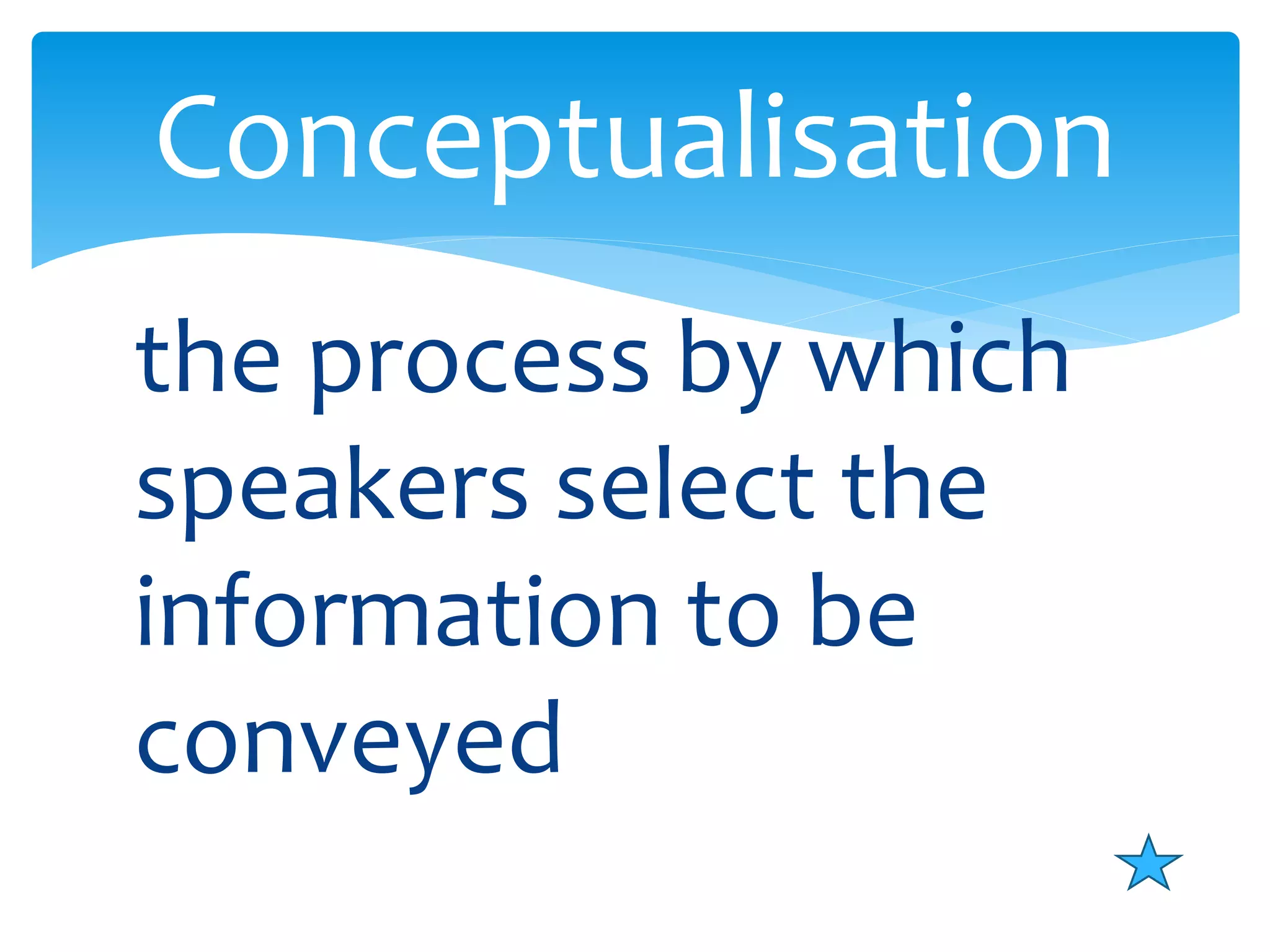 Conceptualisation 
the process by which 
speakers select the 
information to be 
conveyed 
 