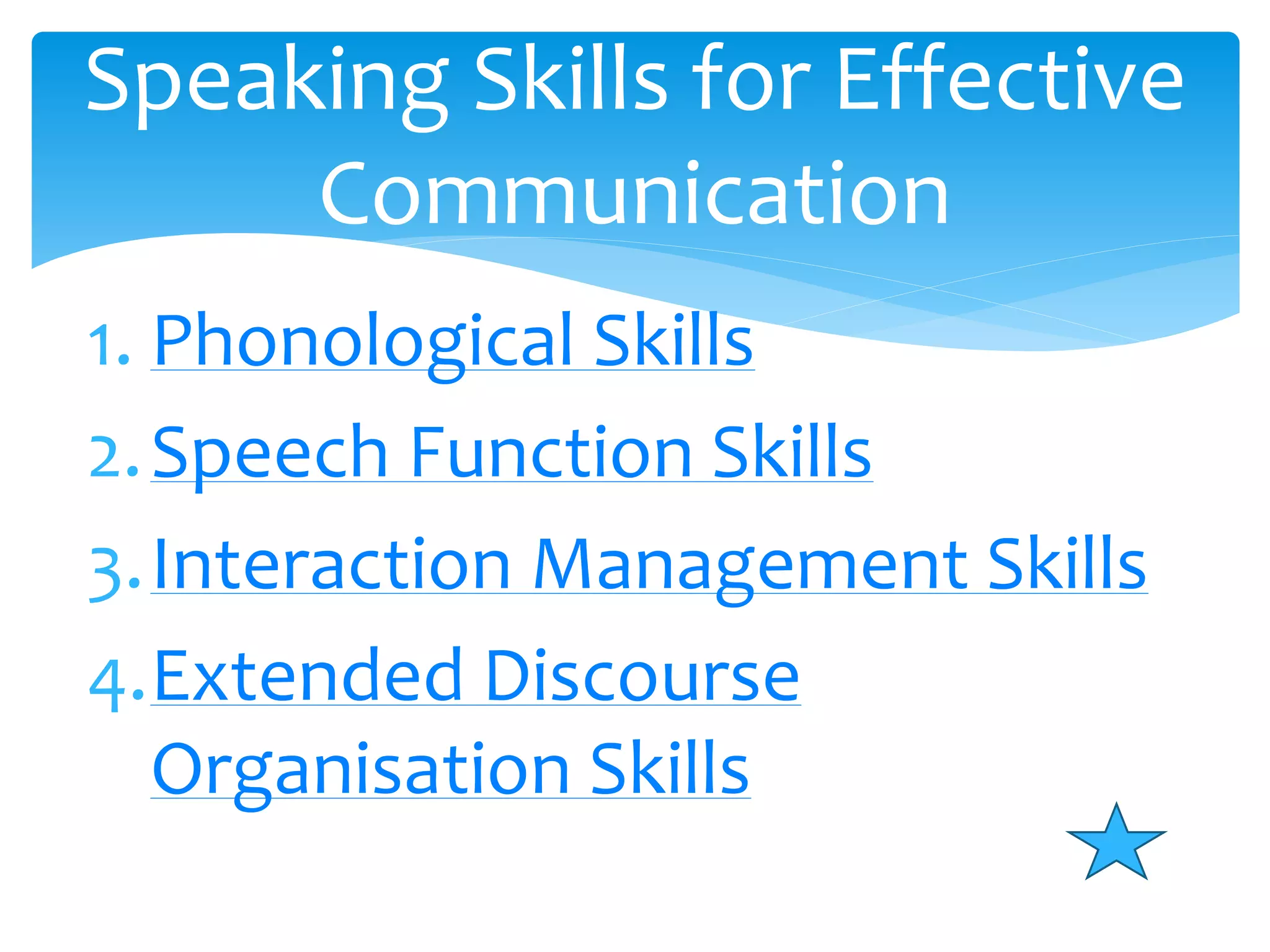 Speaking Skills for Effective 
Communication 
1. Phonological Skills 
2.Speech Function Skills 
3.Interaction Management Skills 
4.Extended Discourse 
Organisation Skills 
 