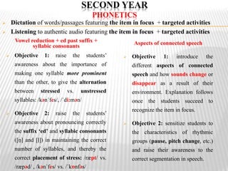 SECOND YEAR
PHONETICS
 Dictation of words/passages featuring the item in focus + targeted activities
 Listening to authentic audio featuring the item in focus + targeted activities
Vowel reduction + ed past suffix +
syllabic consonants
 Objective 1: raise the students’
awareness about the importance of
making one syllable more prominent
than the other, to give the alternation
between stressed vs. unstressed
syllables: /kǝnˈfes/, /ˈdi:mǝn/
 Objective 2: raise the students’
awareness about pronouncing correctly
the suffix ‘ed’ and syllabic consonants
([ṇ] and [ḷ]) in maintaining the correct
number of syllables, and thereby the
correct placement of stress: /ræpt/ vs.
/ræpəd/ , /kǝnˈfes/ vs. /ˈkɒnfəs/
Aspects of connected speech
 Objective 1: introduce the
different aspects of connected
speech and how sounds change or
disappear as a result of their
environment. Explanation follows
once the students succeed to
recognize the item in focus.
 Objective 2: sensitize students to
the characteristics of rhythmic
groups (pause, pitch change, etc.)
and raise their awareness to the
correct segmentation in speech.
 