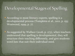  According to most literacy experts, spelling is a
 developmental process (Tompkins et al., 2012, p. 155;
 Westwood, 1999, p. 7).

 As suggested by Wallace (2006, p. 273), when teachers
 understand that spelling is developmental, they will
 structure their teaching differently, and give students
 word lists that suit their individual need.
 