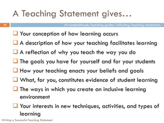 A Teaching Statement gives…
Writing a Successful Teaching Statement
10
 Your conception of how learning occurs
 A description of how your teaching facilitates learning
 A reflection of why you teach the way you do
 The goals you have for yourself and for your students
 How your teaching enacts your beliefs and goals
 What, for you, constitutes evidence of student learning
 The ways in which you create an inclusive learning
environment
 Your interests in new techniques, activities, and types of
learning
cft.vanderbilt.edu/teaching-guides/reflecting/teaching-statements/
 