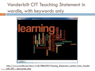 Vanderbilt CfT Teaching Statement in
wordle, with keywords only11
http://www.wordle.net/show/wrdl/5884593/Teacing_Statement_content_from_Vander
bilt_CfT_-_keywords_onlyWriting a Successful Teaching Statement
 