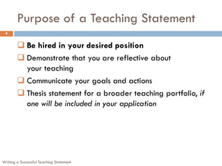 Purpose of a Teaching Statement
Writing a Successful Teaching Statement
9
 Be hired in your desired position
 Demonstrate that you are reflective about
your teaching
 Communicate your goals and actions
 Thesis statement for a broader teaching portfolio, if
one will be included in your application
 