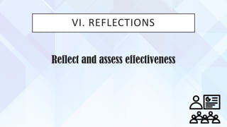VI. REFLECTIONS
Reflect and assess effectiveness
 