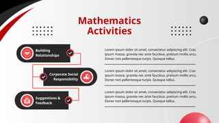 Mathematics
Activities
Building
Relationships
Suggestions &
Feedback
Corporate Social
Responsibility
Lorem ipsum dolor sit amet, consectetur adipiscing elit. Cras
ipsum massa, gravida nec ante faucibus, pretium mollis arcu.
Donec non pellentesque turpis. Quisque tellus.
Lorem ipsum dolor sit amet, consectetur adipiscing elit. Cras
ipsum massa, gravida nec ante faucibus, pretium mollis arcu.
Donec non pellentesque turpis. Quisque tellus.
Lorem ipsum dolor sit amet, consectetur adipiscing elit. Cras
ipsum massa, gravida nec ante faucibus, pretium mollis arcu.
Donec non pellentesque turpis. Quisque tellus.
 