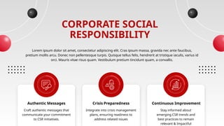CORPORATE SOCIAL
RESPONSIBILITY
Lorem ipsum dolor sit amet, consectetur adipiscing elit. Cras ipsum massa, gravida nec ante faucibus,
pretium mollis arcu. Donec non pellentesque turpis. Quisque tellus felis, hendrerit at tristique iaculis, varius id
orci. Mauris vitae risus quam. Vestibulum pretium tincidunt quam, a convallis.
Authentic Messages Crisis Preparedness Continuous Improvement
Craft authentic messages that
communicate your commitment
to CSR initiatives.
Integrate into crisis management
plans, ensuring readiness to
address related issues
Stay informed about
emerging CSR trends and
best practices to remain
relevant & Impactful
 
