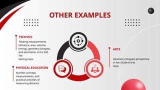 OTHER EXAMPLES
Making measurements
(distance, area, volume,
timing), geometry (shapes),
and estimation in his SHS
Tile
Setting class. Geometry (shapes) perspective
in her Grade 8 Arts
class.
Number concept,
measurements, and
practical activities of
measuring distance.
PHYSICAL EDUCATION
TECHVOC
ARTS
 