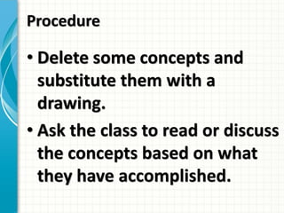 Procedure
• Delete some concepts and
substitute them with a
drawing.
• Ask the class to read or discuss
the concepts based on what
they have accomplished.
 