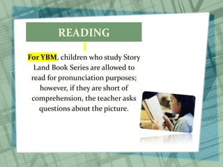 READING
For YBM, children who study Story
Land Book Series are allowed to
read for pronunciation purposes;
however, if they are short of
comprehension, the teacher asks
questions about the picture.
 