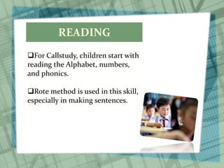 READING
For Callstudy, children start with
reading the Alphabet, numbers,
and phonics.
Rote method is used in this skill,
especially in making sentences.
 