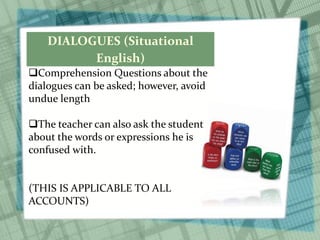 DIALOGUES (Situational
English)
Comprehension Questions about the
dialogues can be asked; however, avoid
undue length
The teacher can also ask the student
about the words or expressions he is
confused with.
(THIS IS APPLICABLE TO ALL
ACCOUNTS)
 