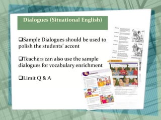 Dialogues (Situational English)
Sample Dialogues should be used to
polish the students’ accent
Teachers can also use the sample
dialogues for vocabulary enrichment
Limit Q & A
 