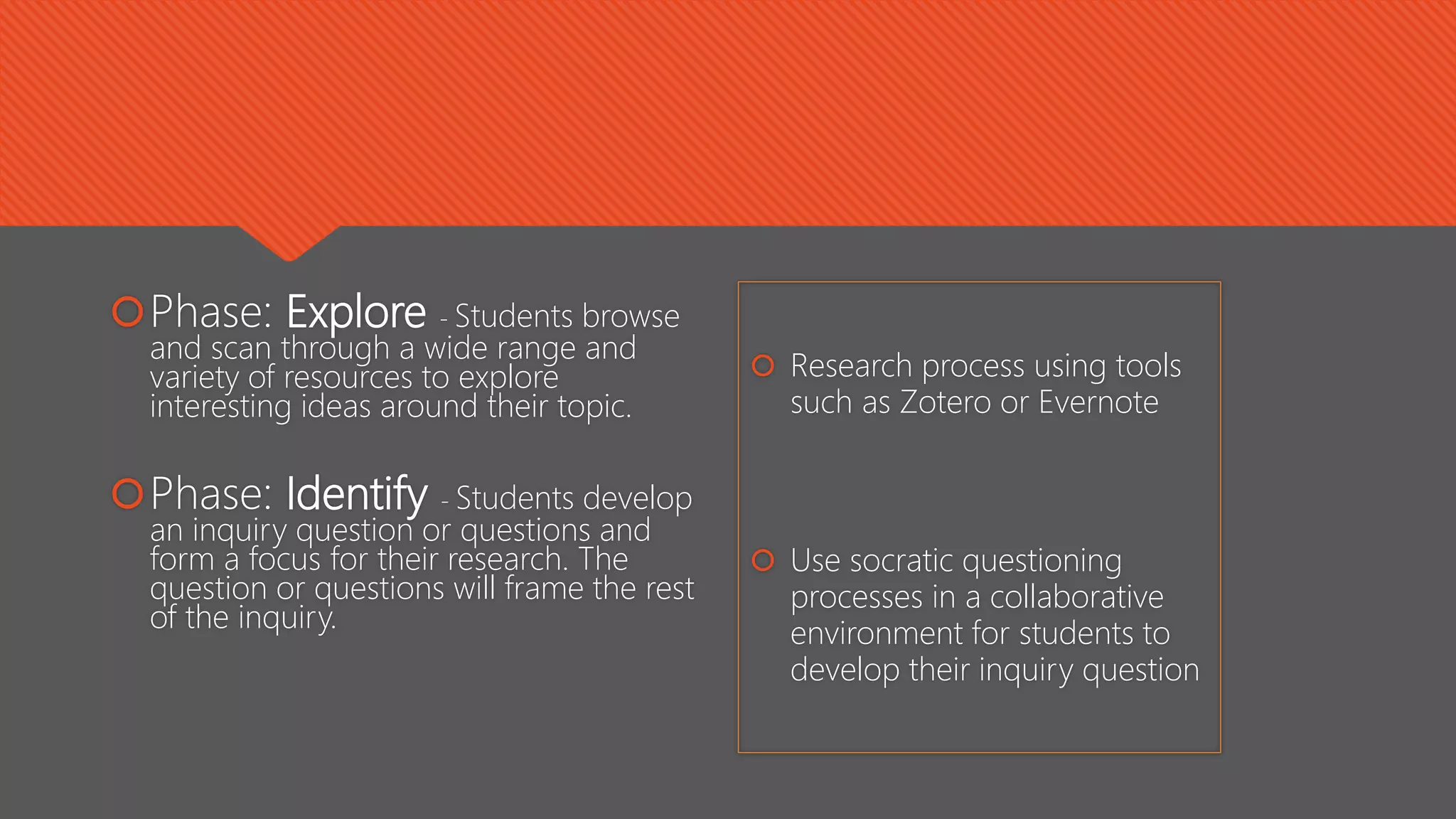 Phase: Explore - Students browse
and scan through a wide range and
variety of resources to explore
interesting ideas around their topic.
Phase: Identify - Students develop
an inquiry question or questions and
form a focus for their research. The
question or questions will frame the rest
of the inquiry.
 Research process using tools
such as Zotero or Evernote
 Use socratic questioning
processes in a collaborative
environment for students to
develop their inquiry question
 